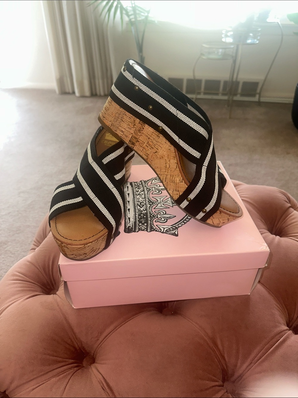 Crown Vintage Black and White Striped Cork Wedges